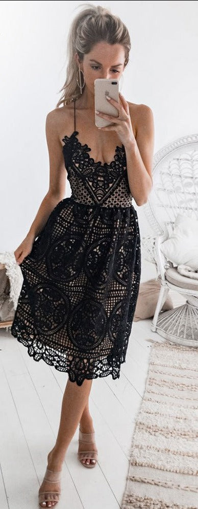 Vintage Summer Deep V Neck Backless Lace Halter Midi Dress