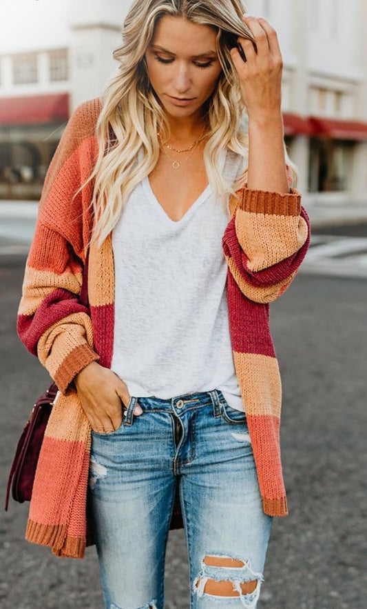 Winter Knitted Patchwork Rainbow Stripe Cardigan with Long Sleeves and Open Front