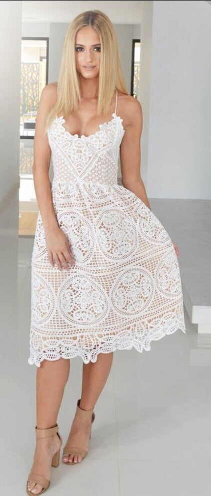 Vintage Summer Deep V Neck Backless Lace Halter Midi Dress