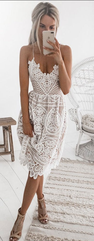 Vintage Summer Deep V Neck Backless Lace Halter Midi Dress
