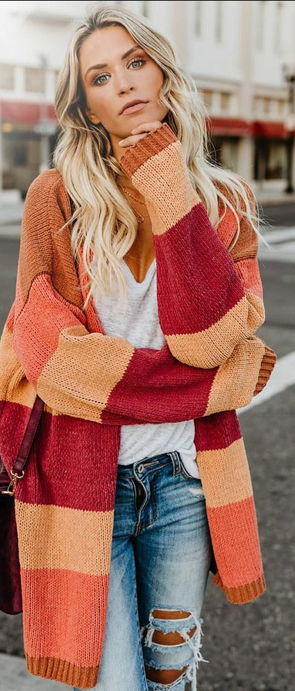 Winter Knitted Patchwork Rainbow Stripe Cardigan with Long Sleeves and Open Front