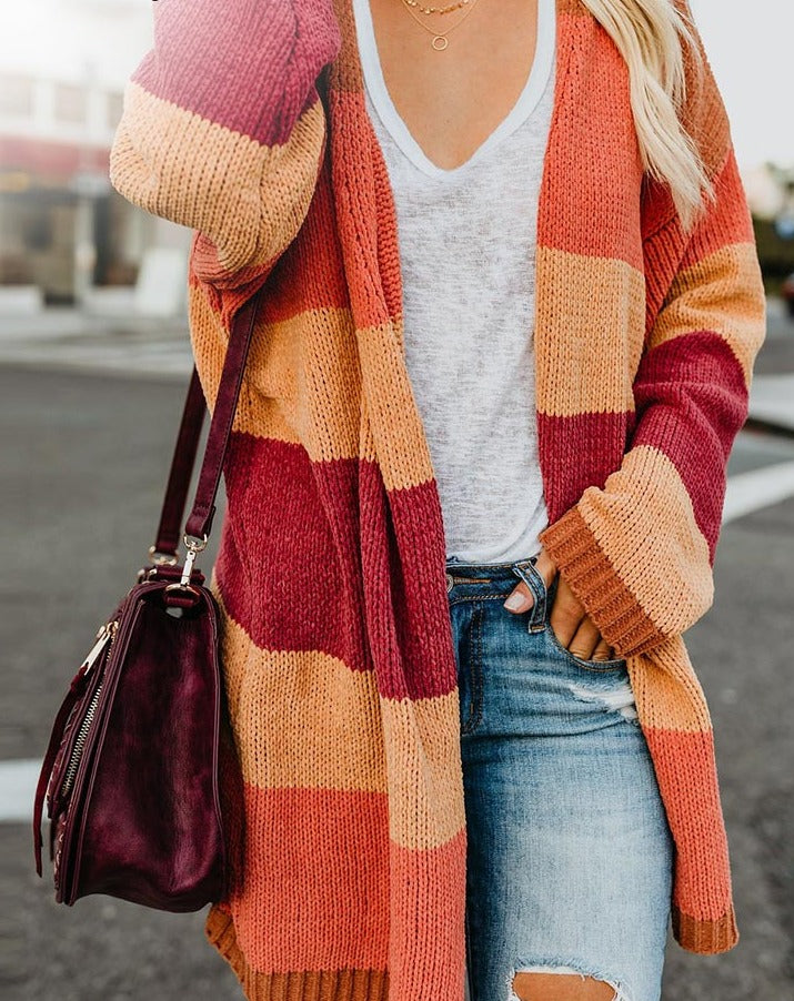 Winter Knitted Patchwork Rainbow Stripe Cardigan with Long Sleeves and Open Front