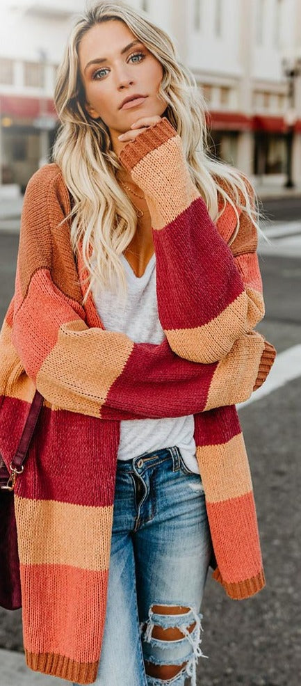 Winter Knitted Patchwork Rainbow Stripe Cardigan with Long Sleeves and Open Front