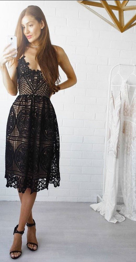Vintage Summer Deep V Neck Backless Lace Halter Midi Dress