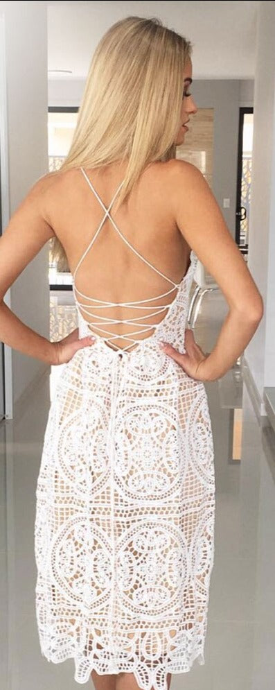 Vintage Summer Deep V Neck Backless Lace Halter Midi Dress