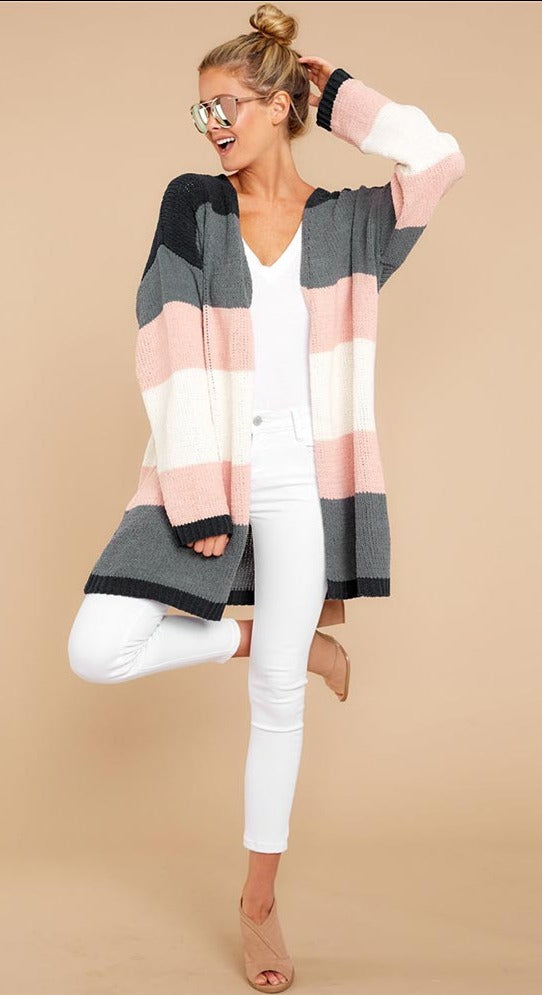Winter Knitted Patchwork Rainbow Stripe Cardigan with Long Sleeves and Open Front