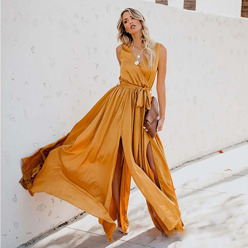 Boho V-Neck Sleeveless Lace Up Long Beach Style Maxi Dress with Split