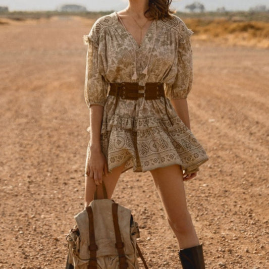 Boho Floral Printed Mini Dress with Half Sleeves, Tassels and Ruffles