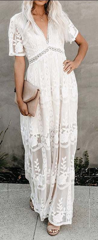 Boho Women Maxi Dress with Loose Embroidery and White Lace