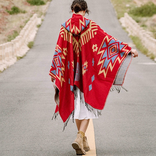 Winter Tribal Print Red Poncho Cloak, Gypsy/ Boho Style with Hoodie, Long Sleeves and Tassels.