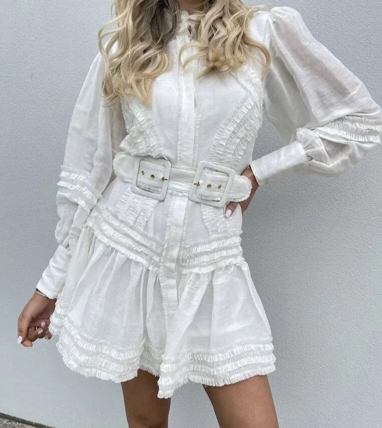 Gypsy/ Vintage White Cotton Mini Dress with Lantern Sleeves and Double White Belt