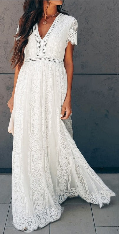 Vintage Women Maxi Dress Short Sleeve White Lace Long Tunic Beach Style
