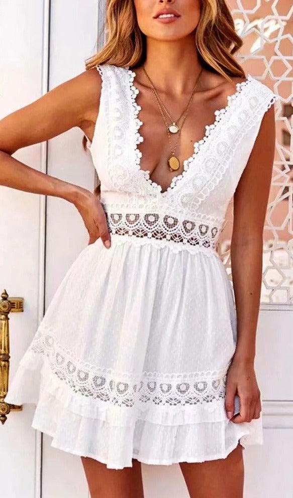 Gypsy/ Boho 100% Cotton Lace Mini Dress, Crochet, Sheer, Backless