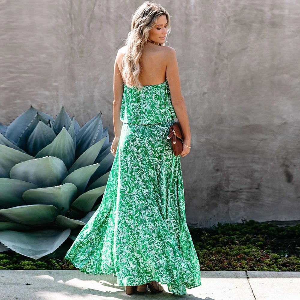 A. Bohemian Strapless Summer Dress with Ruffles & Side Split