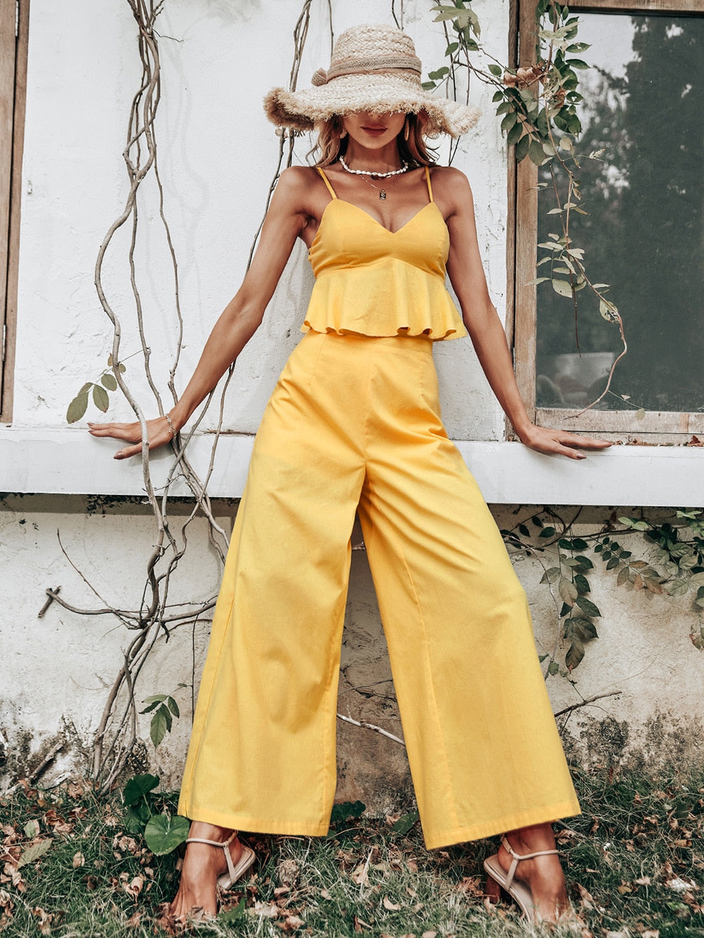A. Bohemian Yellow Two-piece Women Casual Suit with V-neck Top & Pants Set