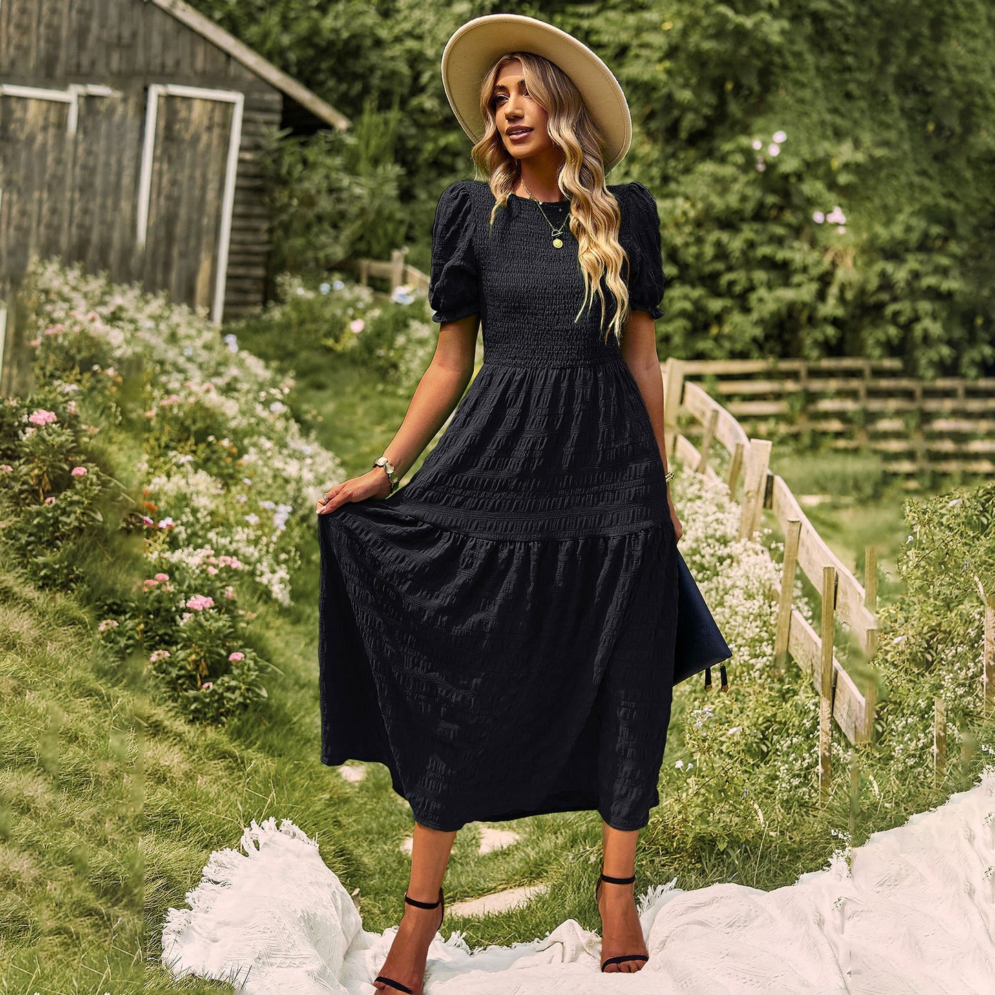 Ruched Women's Beach Dress with O-neck and Short Puff Sleeves