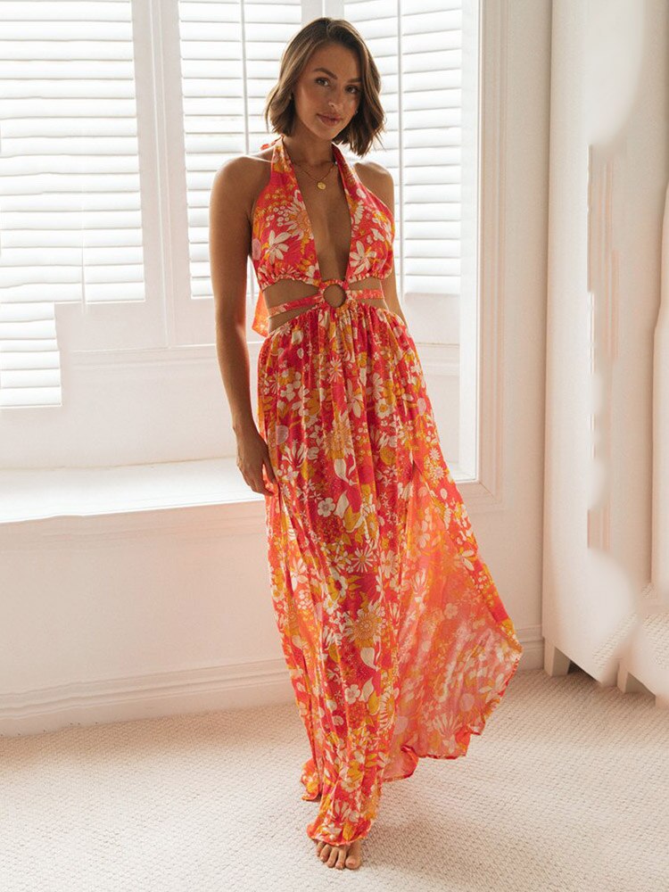 Bohemian Sleeveless Summer Long Backless Dress with Hollow Out Halter and Flow Design