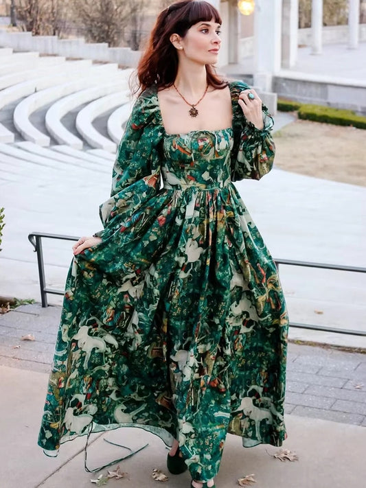 Gypsy/ Boho Floral Printed Maxi Dress with Green Ruffles and Puff Sleeves