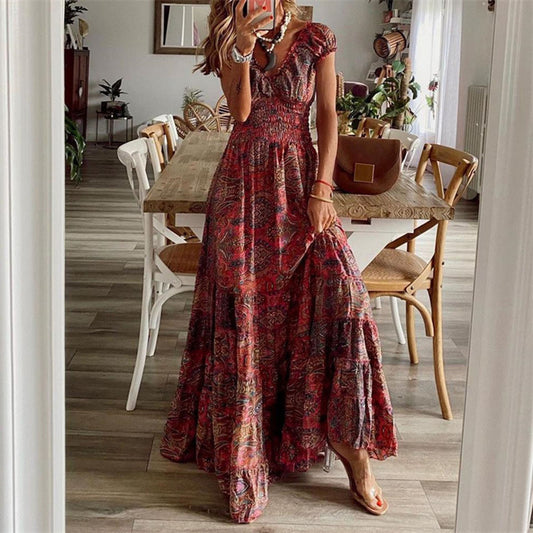 Gypsy / Bohemian V Neck Long Dress with Short Sleeve