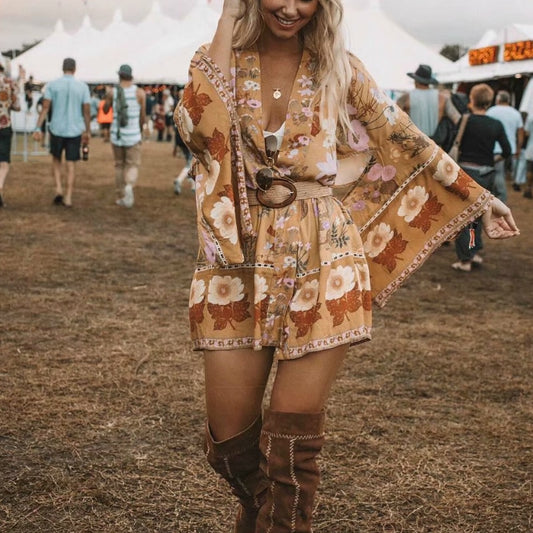 Bohemian Kimono Dresses with Floral Print Sashes Batwing Sleeves and V-Neck (Summer Bikini Boho Cover-ups)