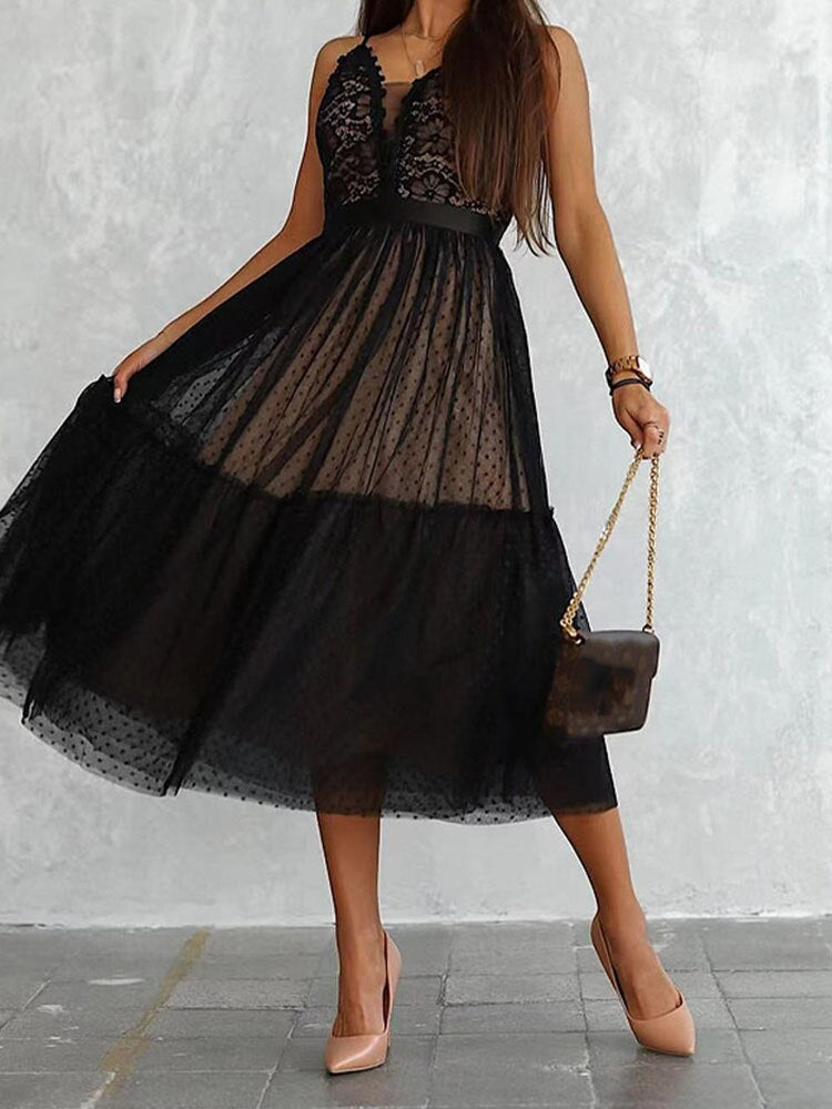 Embroidered Lace Mini Dress with V-Neck and Irregular Lace Skirt