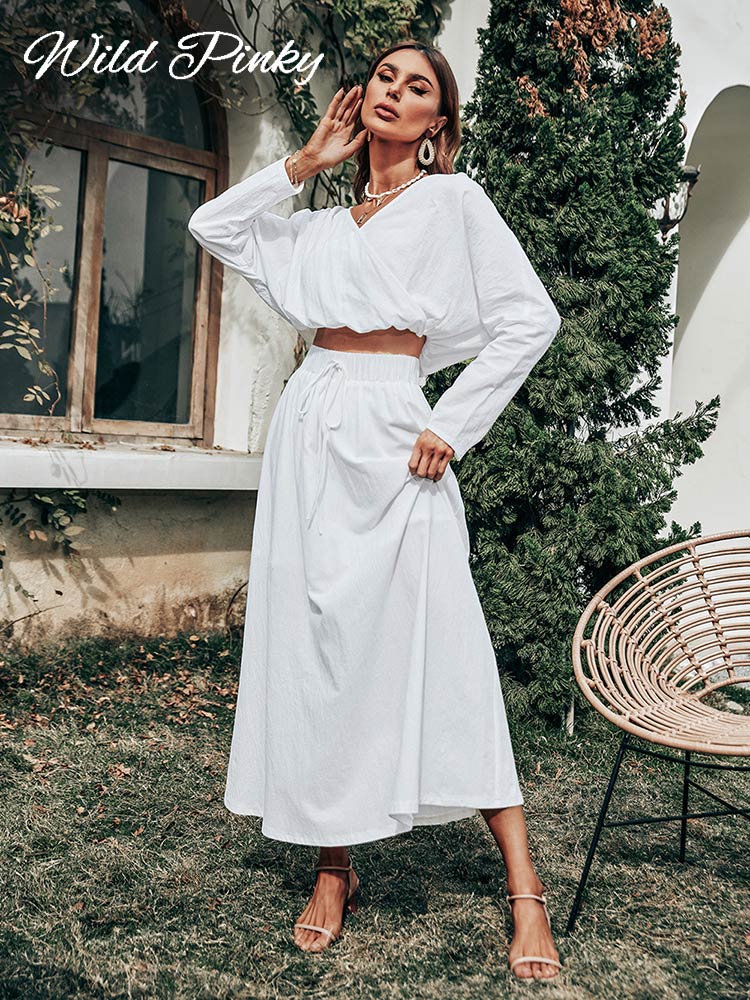 Vintage Casual A-line White Two-piece Women's Summer Long Sleeve Smock