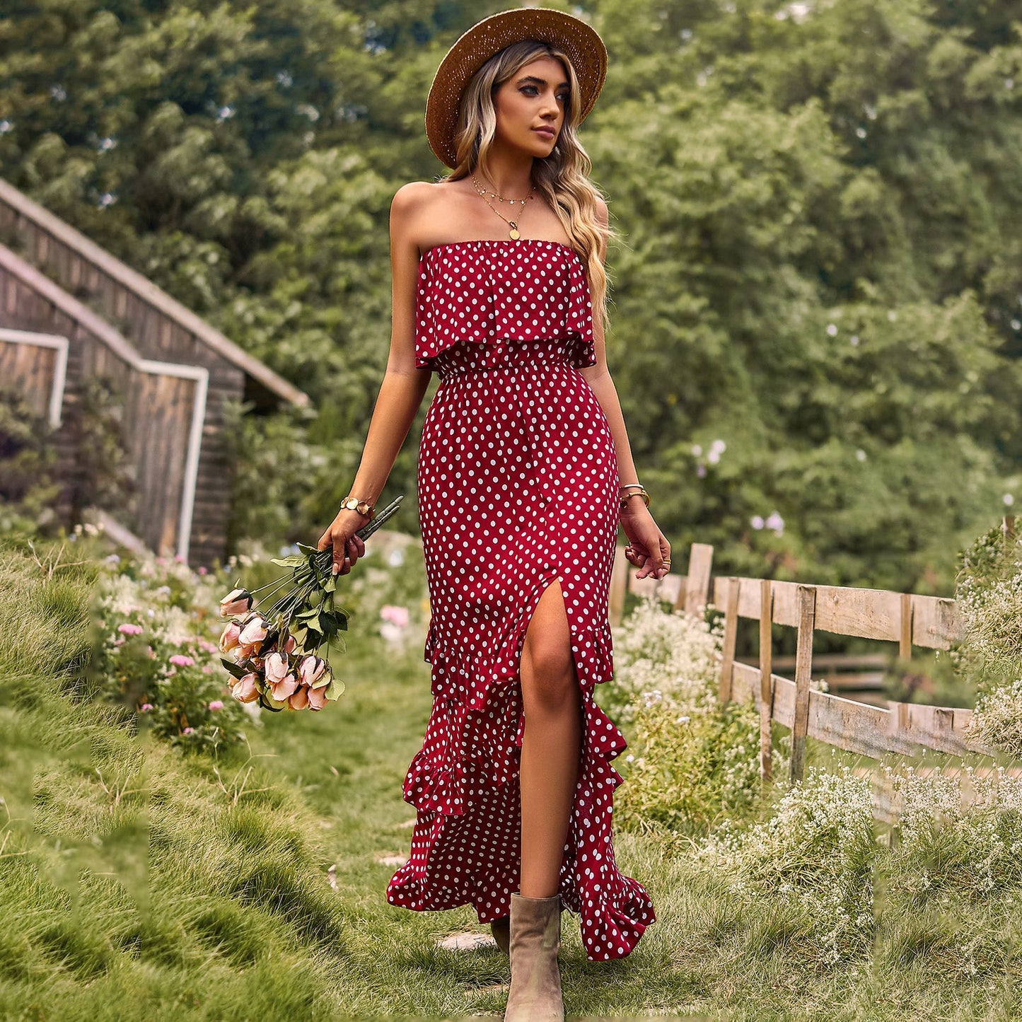 Boho Polka Dot Printed Women's Off the Shoulder Sleeveless Sundress with Split