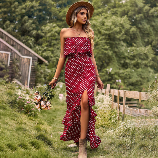 Boho Polka Dot Printed Women's Off the Shoulder Sleeveless Sundress with Split