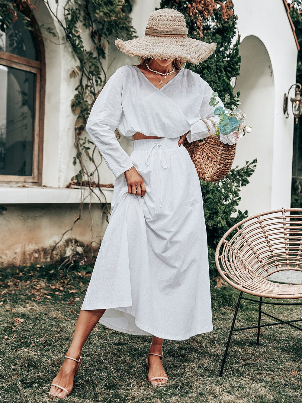 Vintage Casual A-line White Two-piece Women's Summer Long Sleeve Smock