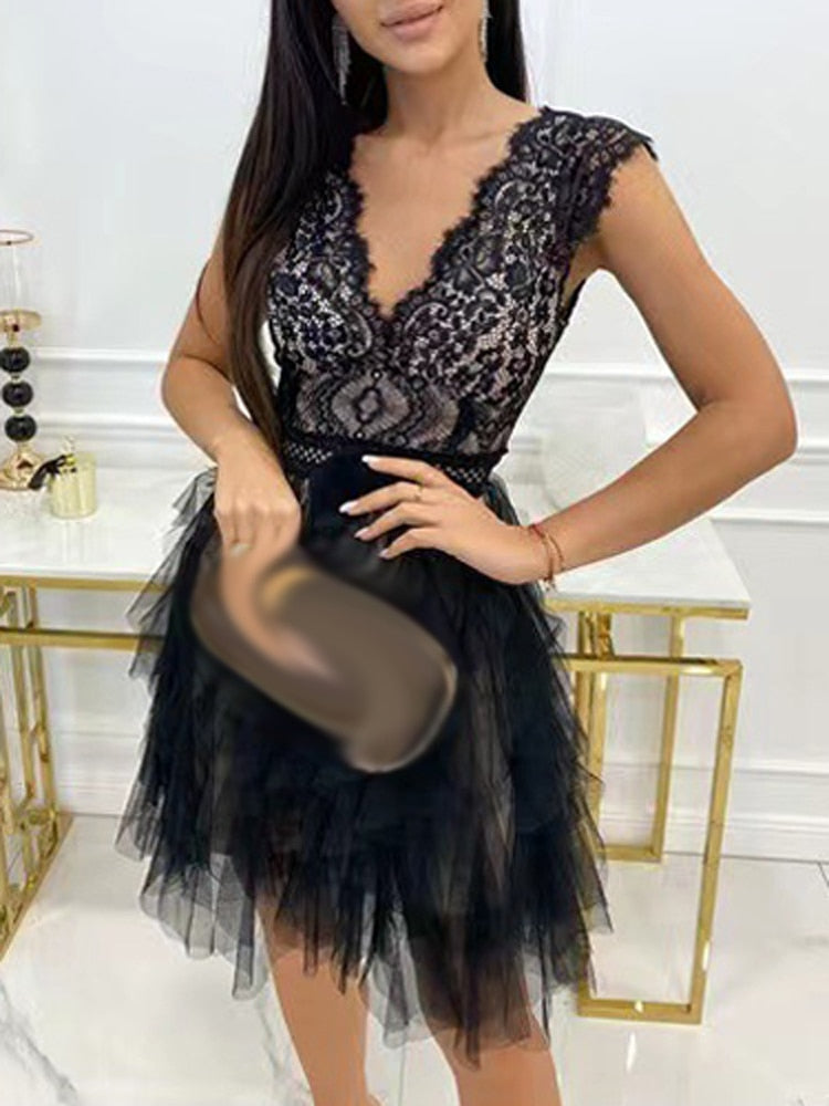 Embroidered Lace Mini Dress with V-Neck and Irregular Lace Skirt