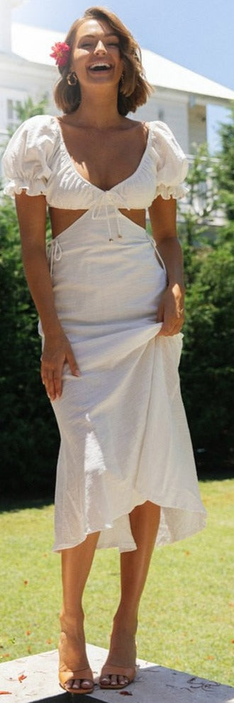 Boho Style Cotton Knotted, Tie-Up Women's Summer Midi Dress with Short Puff Sleeves and Smock Bow