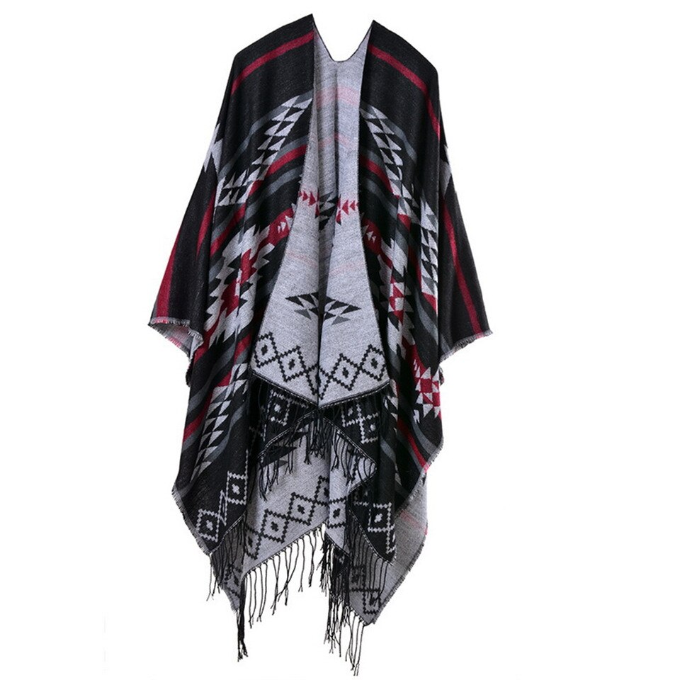 Winter Knitted Bohemian Printed Poncho with Tasselled Cape
