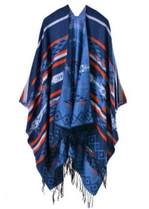 Winter Knitted Bohemian Printed Poncho with Tasselled Cape
