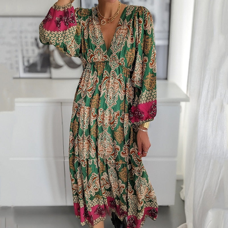 Bohemian/ Vintage Printed Dress Long Sleeve Pleated with Loose High Waist