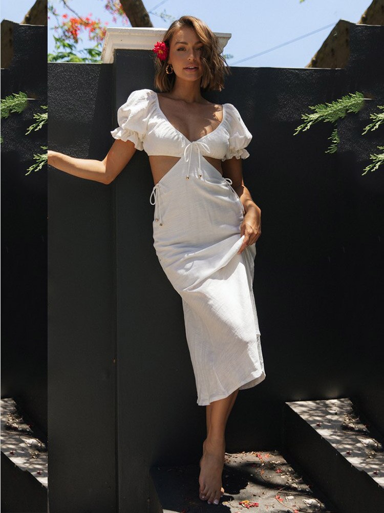 Boho Style Cotton Knotted, Tie-Up Women's Summer Midi Dress with Short Puff Sleeves and Smock Bow