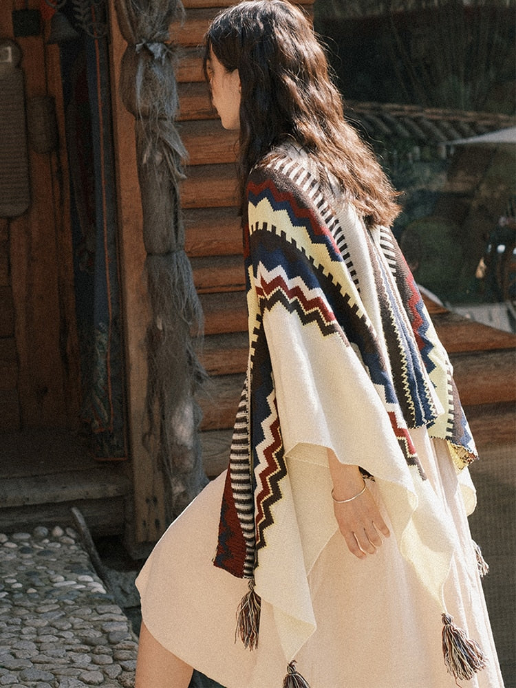 Winter Gypsy/ Boho Knitted Cape Poncho with Tassels