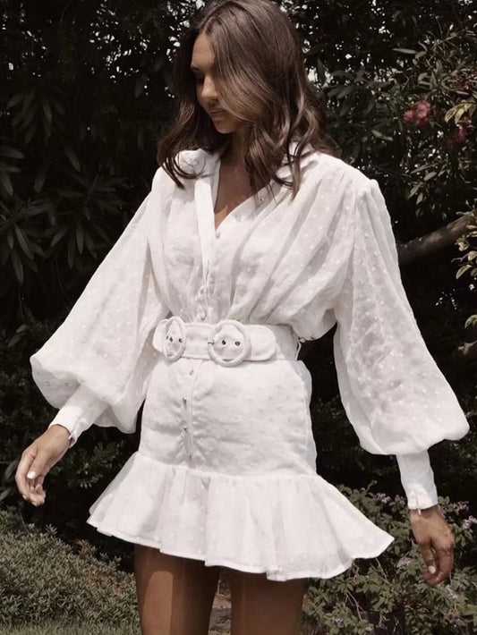 Gypsy/ Vintage Cotton White Mini Dress with Lantern Sleeves and Double Belt