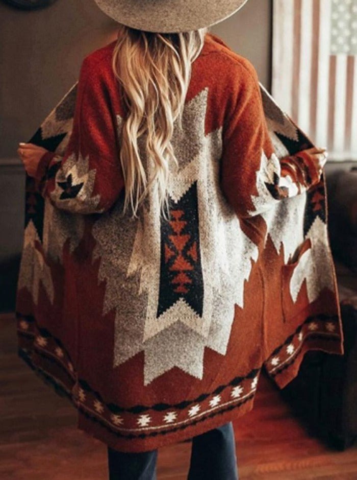 Winter Tribal Printed Casual Loose Long Sleeve Cardigan with V-neck. Trench Coat Style.