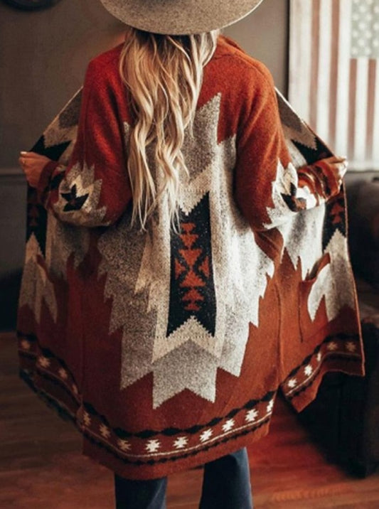 Winter Tribal Printed Casual Loose Long Sleeve Cardigan with V-neck. Trench Coat Style.