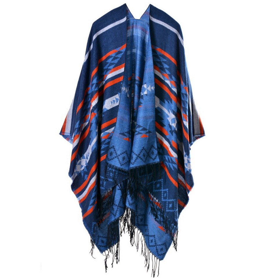 Winter Knitted Bohemian Printed Poncho with Tasselled Cape