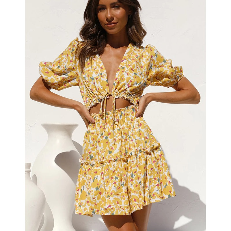 Gypsy Floral Printed Mini Dress with Deep V-Neck and Puff Sleeve