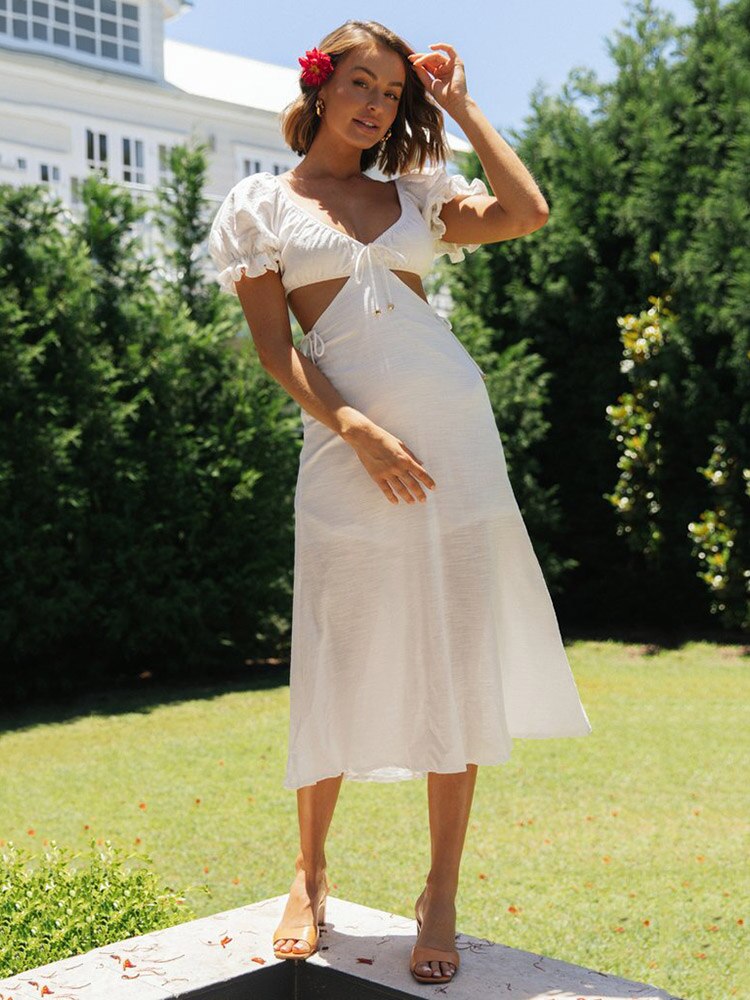Boho Style Cotton Knotted, Tie-Up Women's Summer Midi Dress with Short Puff Sleeves and Smock Bow