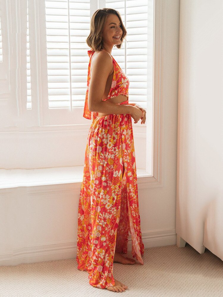 Bohemian Sleeveless Summer Long Backless Dress with Hollow Out Halter and Flow Design