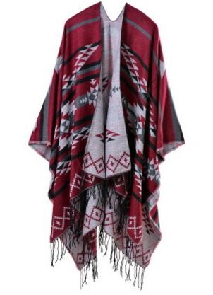 Winter Knitted Bohemian Printed Poncho with Tasselled Cape