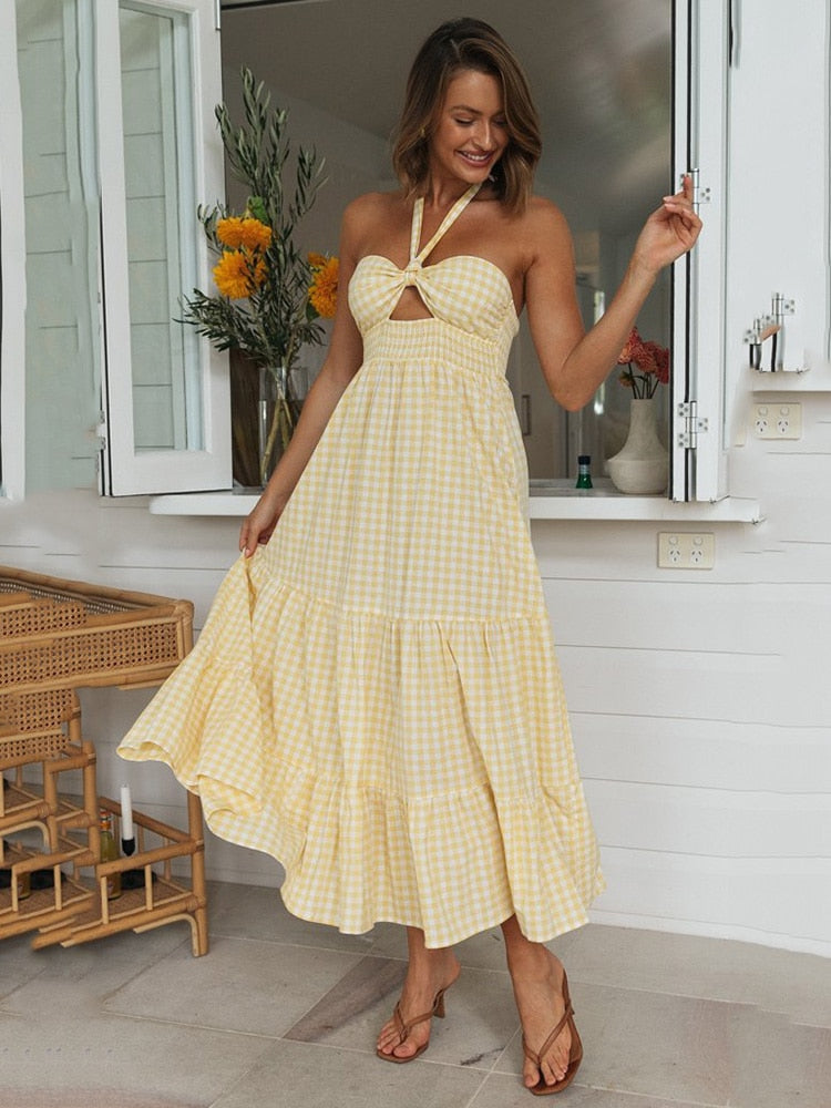 Boho/ Vintage Style Halter Plaid Party Dress with High Waist and Backless Beach Style