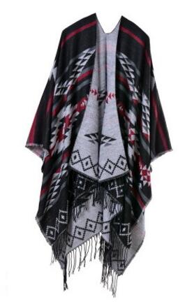 Winter Knitted Bohemian Printed Poncho with Tasselled Cape