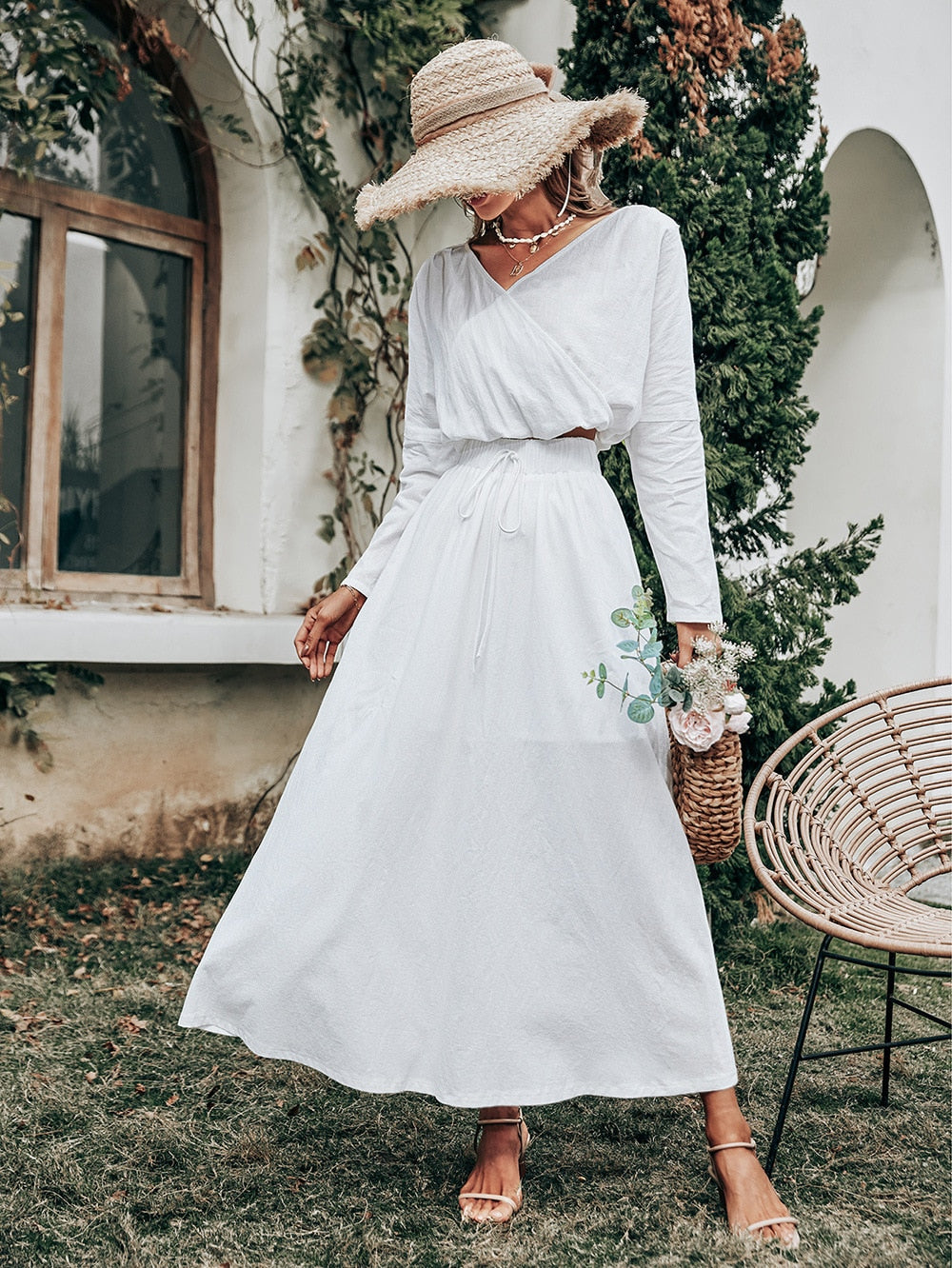 Vintage Casual A-line White Two-piece Women's Summer Long Sleeve Smock