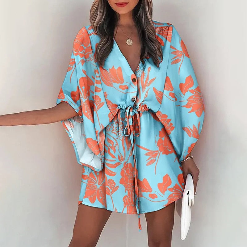 Boho Batwing Sleeve Printed Lace Up Mini Dress with Low V-Neck