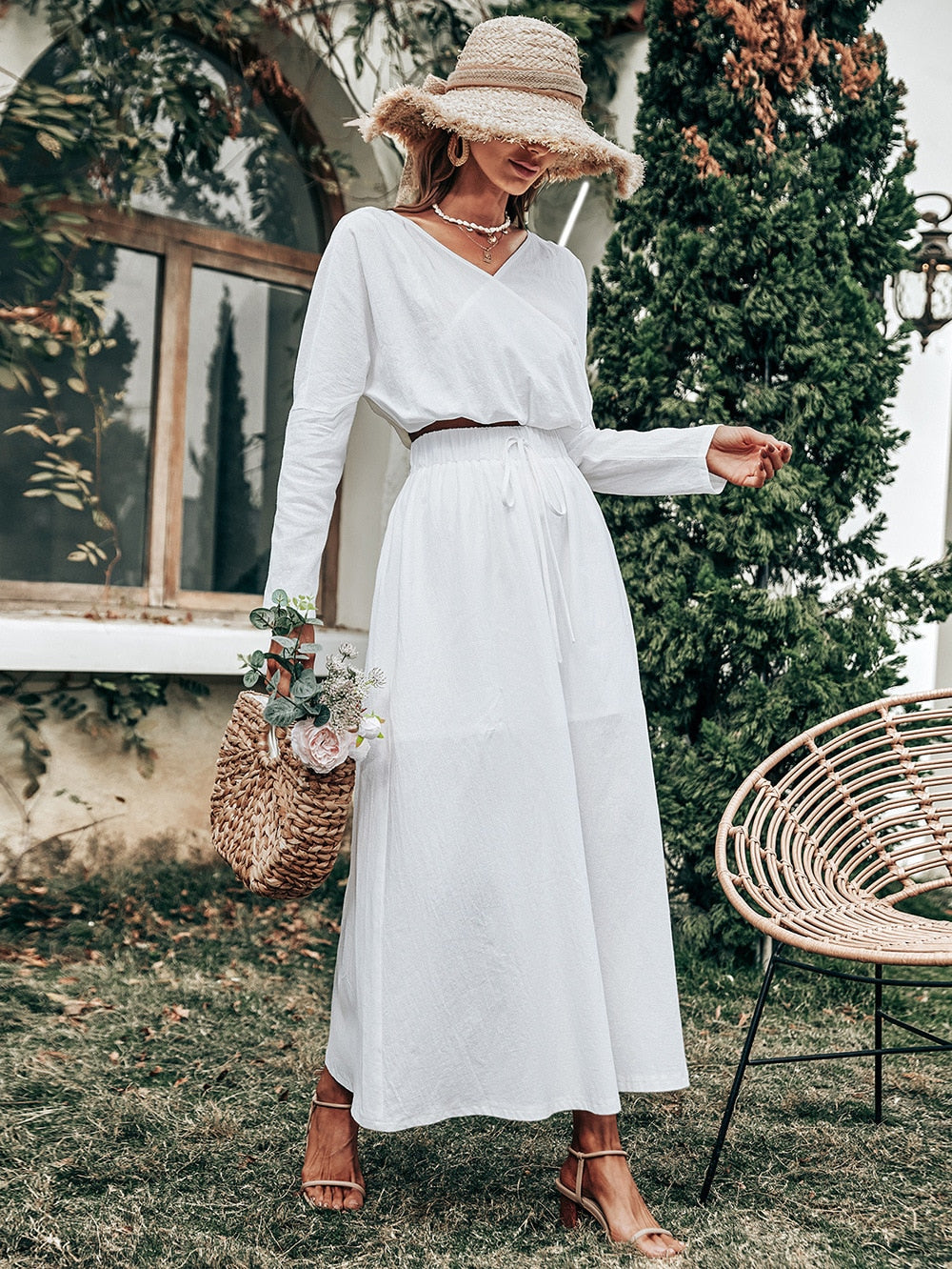 Vintage Casual A-line White Two-piece Women's Summer Long Sleeve Smock