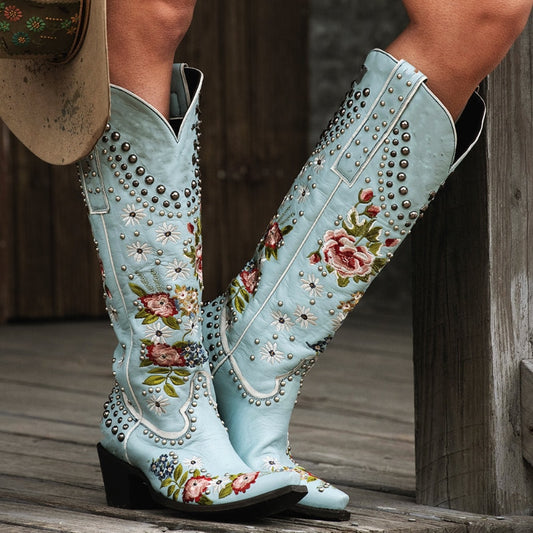 Women's Western Mid-Calf Boots with Retro Floral Embroidered Rivets and Multi-colours with Pointed Toe